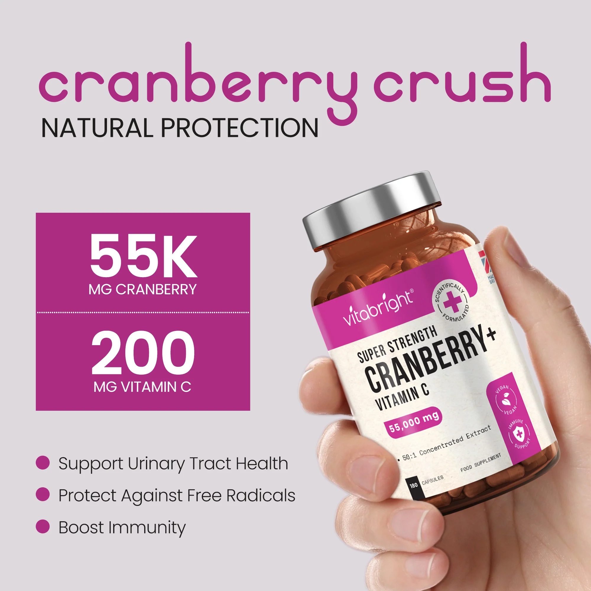 Cranberry Tablets 55,000mg with Vitamin C - 180 x Capsules - Image 2
