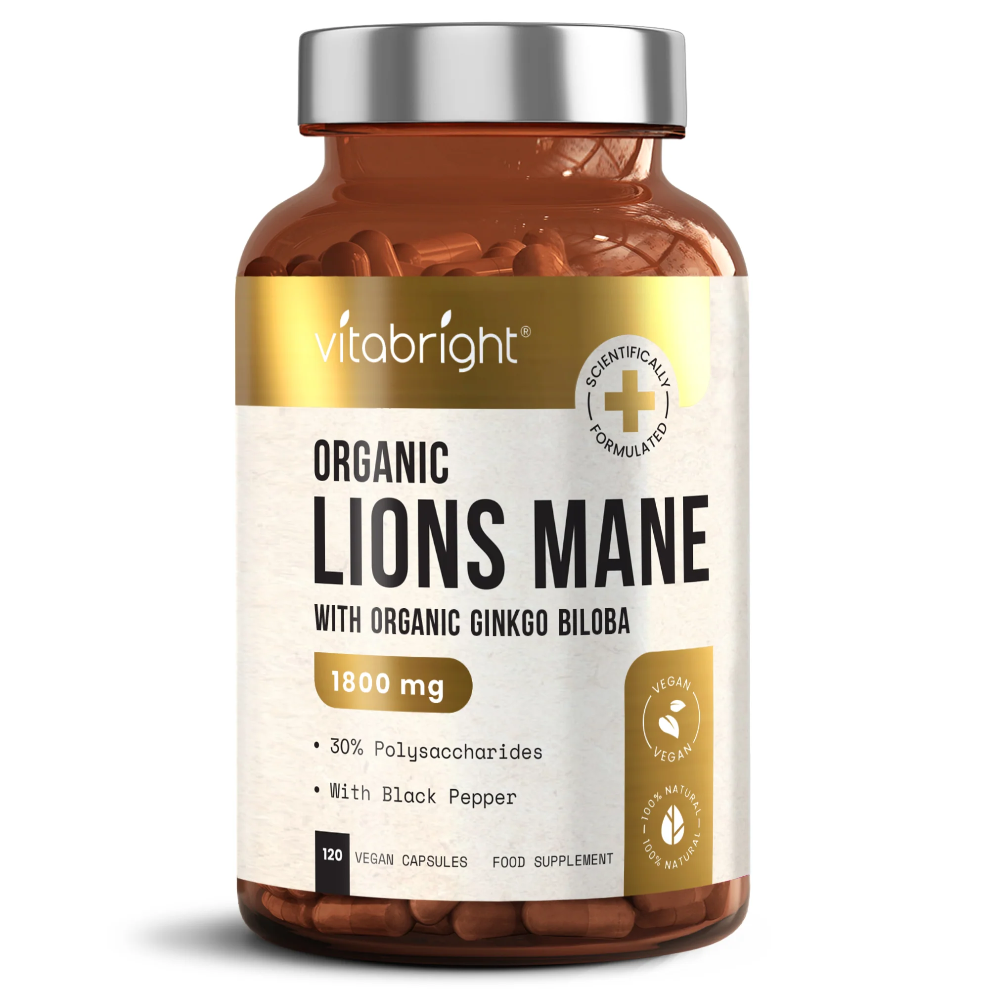 Lions Mane Mushroom Extract - 120 Organic Capsules - 1800 mg of 12:1 extract