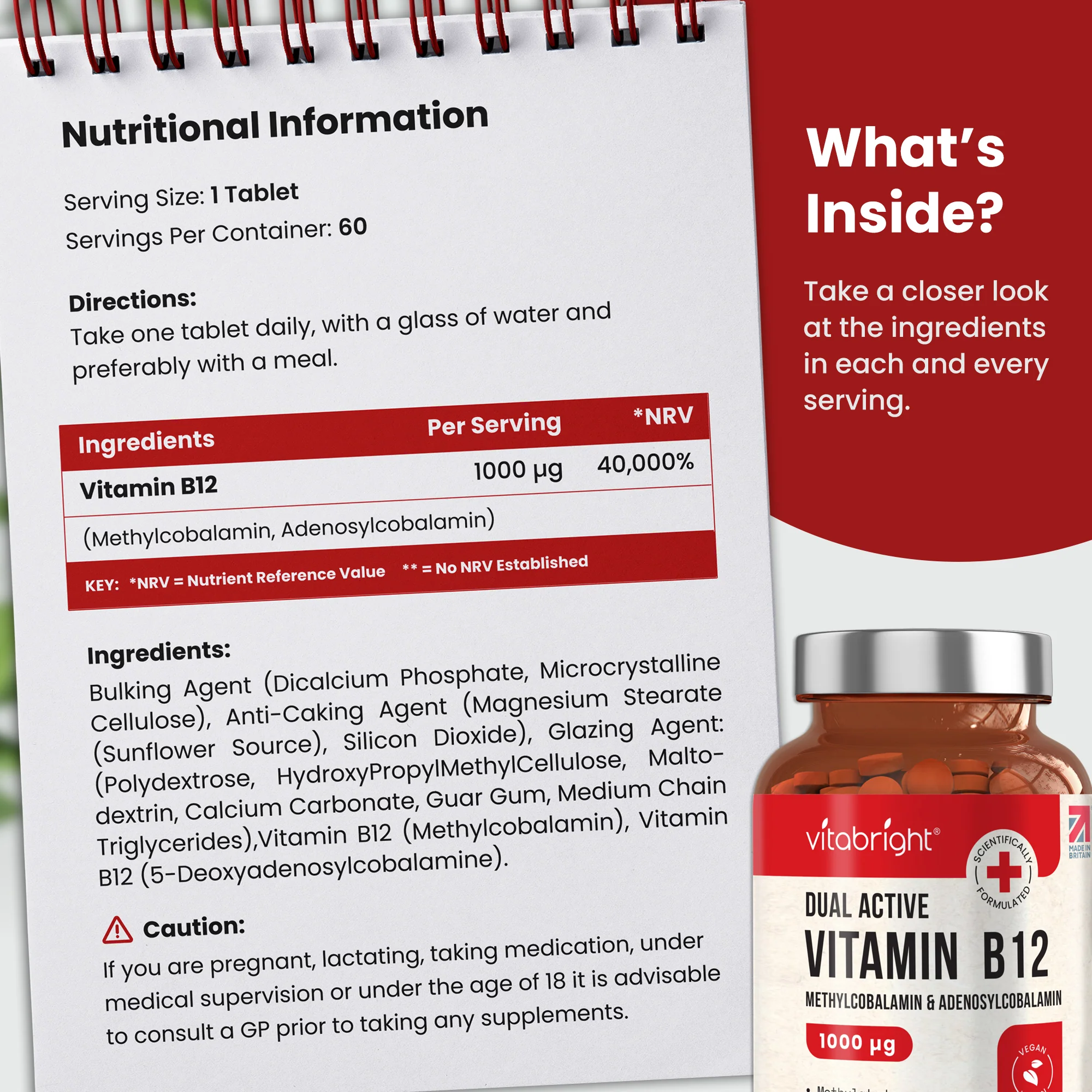 Vitamin B12 - 1000 ug - 60 High Strength Vegan Tablets - Dual Active - Image 3